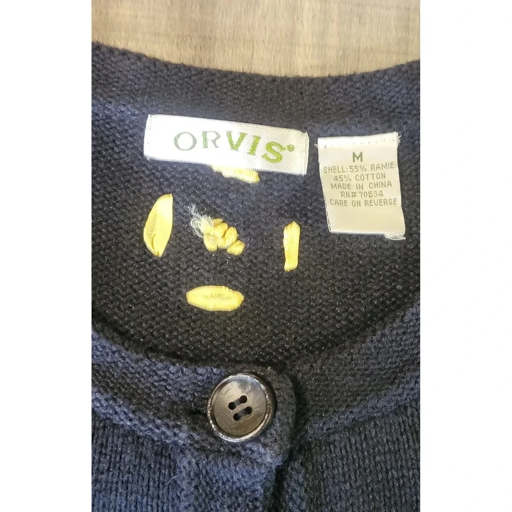 Orvis Women's Medium Cardigan  Button Up Sweater Flowers Daisy's‎ Navy Blue